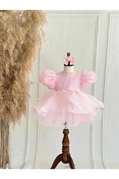 Hobidik Kız Bebek Çocuk Organze Balon Kol Pembe İncili Kabarık Doğum Günü Elbisesi