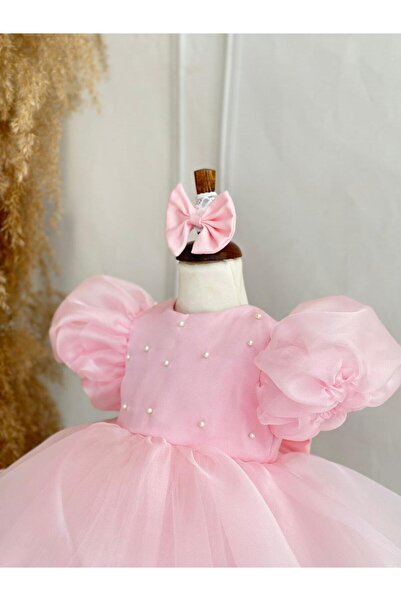 Hobidik Kız Bebek Çocuk Organze Balon Kol Pembe İncili Kabarık Doğum Günü Elbisesi