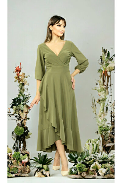 FaBe Fashion Kruvaze Yaka Dirsek Kollu Eteği Asimetrik Ve Volanlı Siyah Midi ...