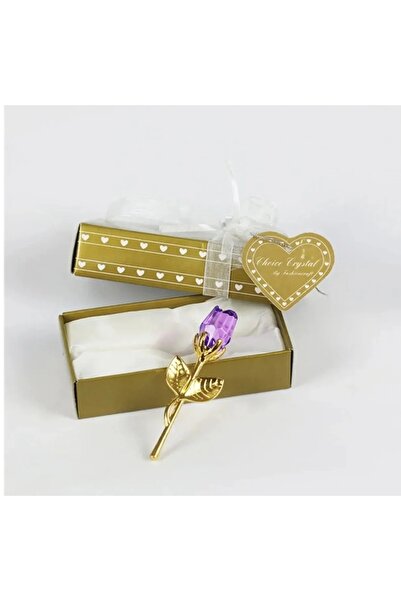 Şirin Altın Saplı Kristal Cam Gül - Yapay Çiçek