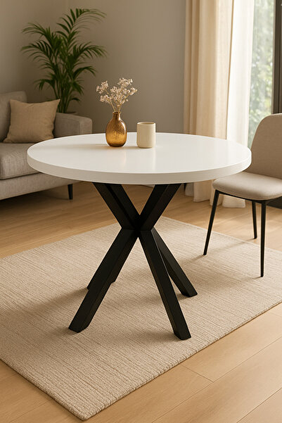 PLUSKIT 90 cm - Yuvarlak Yemek Masası - Beyaz Renk - Metal Ayaklı - Modern Tasarım