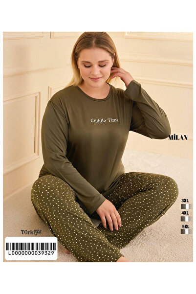 pijamakeyfi Kadın Büyük Beden Uzun Kol Esnek Pijama Takımı