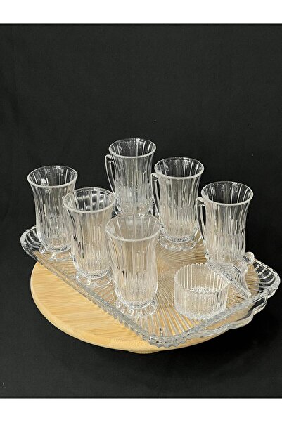 isra kristal Crystal Look Glass Tea Set – Sugar Bowl + Glass Tray + 6 Paşabahçe Handled Tea Cups (8 Pieces)