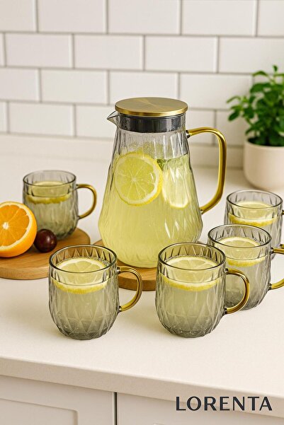 isra kristal Kristal Desenli Füme Renkli Cam Su Takımı – 1 Sürahi + 4 Kulplu Bardak