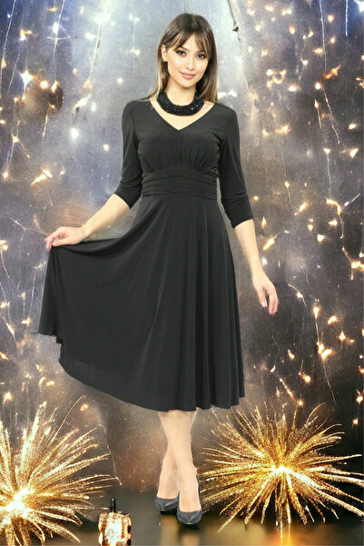 FaBe Fashion V Yaka Dirsek Kollu Beli Drapeli Siyah Midi Sandy Elbise