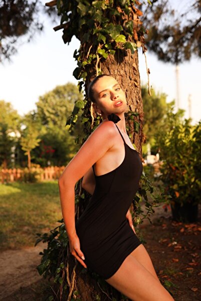 La Sarta Black Mare Strap Dress with Rose Detail