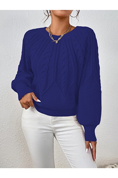 AQE FASHION Pletený pletený svetr s italským rukávem s pleteným výstřihem a výstřihem Sax Modrý svetr