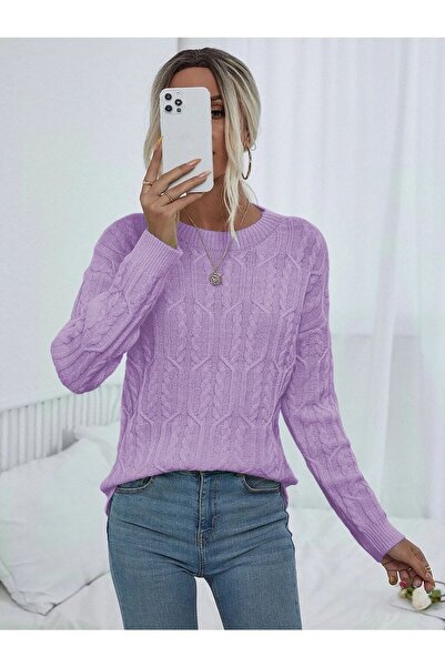 AQE FASHION Pulover din tricotaje liliac cu modele impletit.