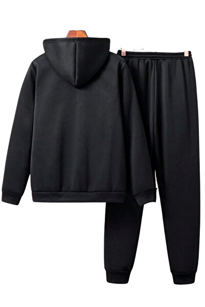 DEEPSENSE Men's Winter Zippered Top and Bottom Black Printed Set Sweatshirt Sweatpants Casual Daily School Sports