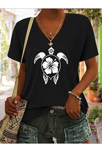 FUFLUNS TRICOU DE DAMĂ OVERSIZE CU GULER ÎN V CU IMPRIMEU TURTLE