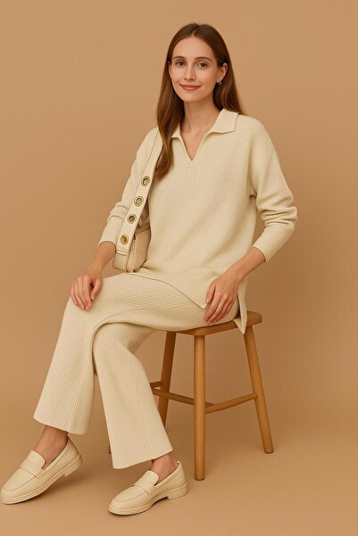 trivvy Women's Knitwear Set Polo Neck Sweater and Trousers