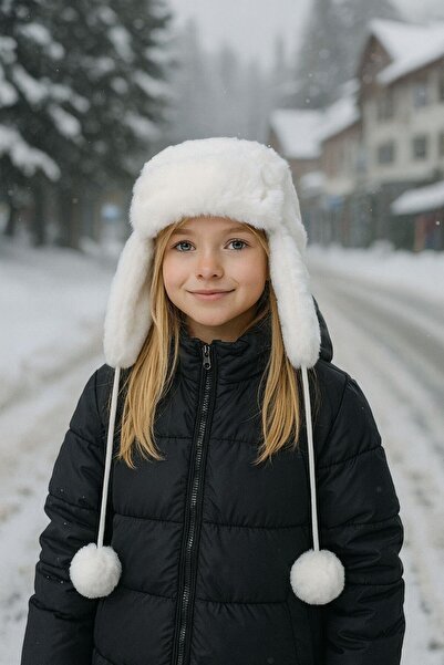 FELLMENS Girl's Beret Hat - Ecru Plush, Fur and Pompom