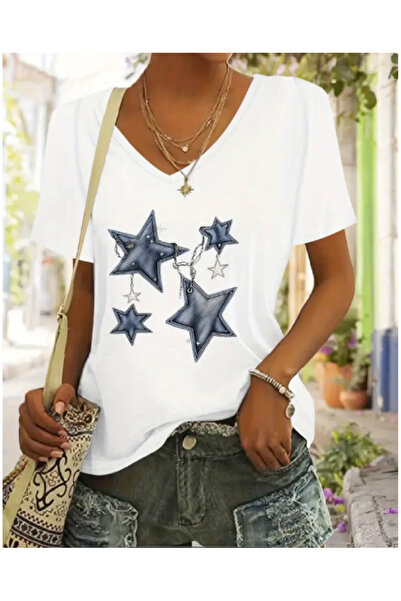 FUFLUNS V-Neck Blue Stars Printed Oversize T-Shirt