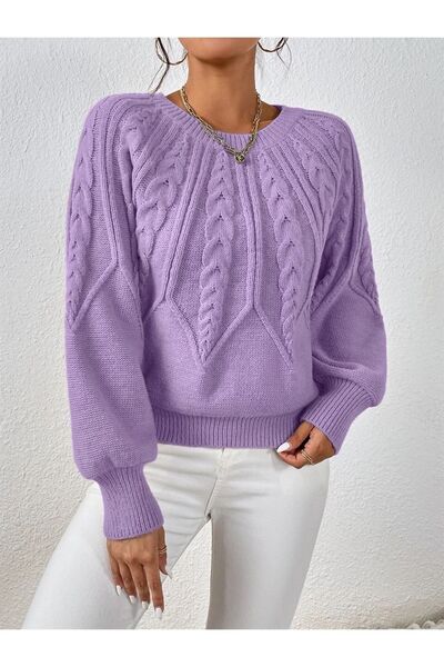 TRQOM Πλεκτά ιταλικού μανικιού λαιμού Crew Πουλόβερ λιλά με πλεξούδες μαλλιών