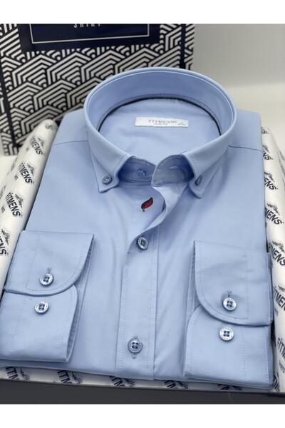 Fitmens Slim Fit Uzun Kol Yıkamalı Gabardin Hediye Kutulu Erkek Gömlek FS-001364 - Mavi