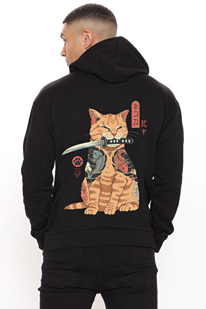 Relax family xf Ανδρικό φούτερ με μαύρη κουκούλα με στάμπα Samurai Cat