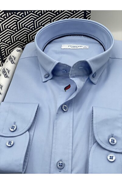 Fitmens Slim Fit Uzun Kol Yıkamalı Gabardin Hediye Kutulu Erkek Gömlek FS-001364 - Mavi