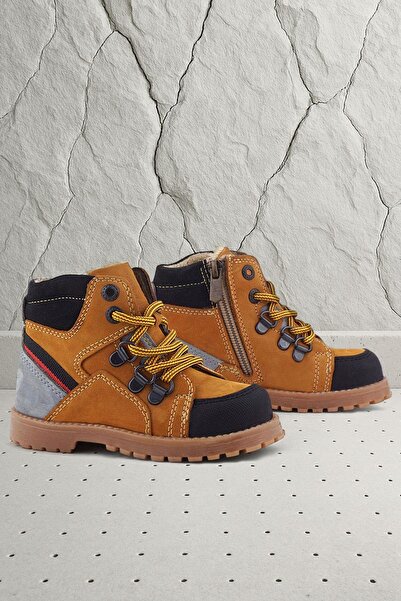 Rakerplus Genuine Leather Yellow Gray Lace-Up Zippered Children's Boots