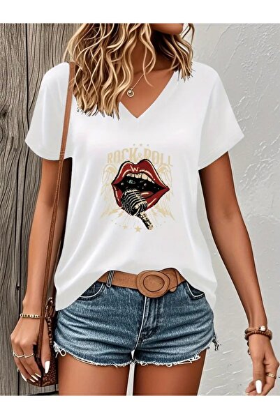 FUFLUNS TRICOU DE DAMĂ OVERSIZE CU GULER ÎN V CU IMPRIMEU RUCK&ROLL