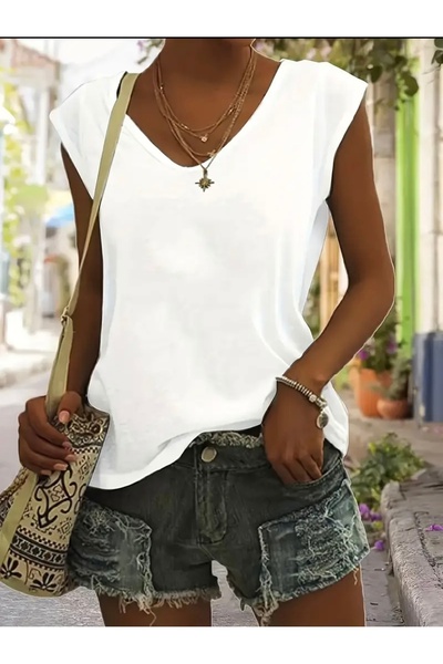 FUFLUNS تي شيرت نسائي بدون أكمام برقبة على شكل حرف V