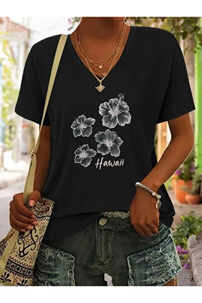 FUFLUNS تي شيرت نسائي كبير الحجم برقبة على شكل حرف V مطبوع عليه زهور