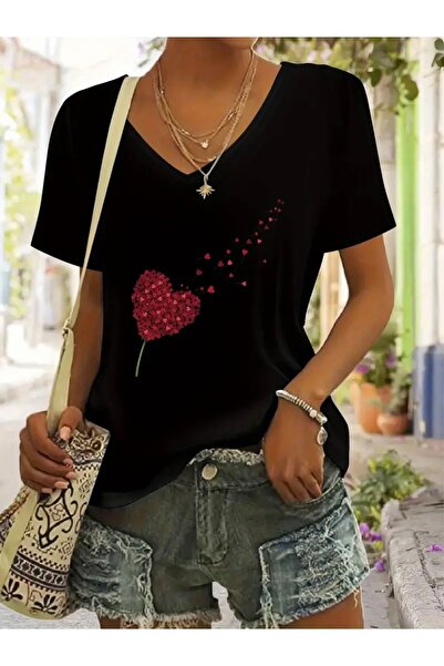FUFLUNS Heart Printed Women's Oversize V-Neck T-Shirt