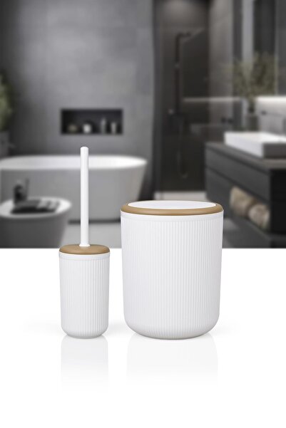 Okyanus Home Σετ κουβά και βούρτσα Mina Due Λευκό Ριγέ Στρογγυλό WC 2 τεμαχίων