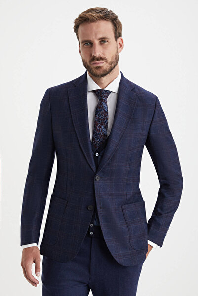 Hemington Cashmere Blend Plaid Pattern Navy Blue Jacket