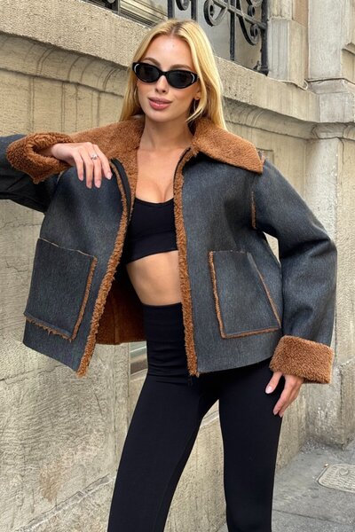 VAGGON Women's Black-Brown Double Pocket Faux Fur Inside Faux Leather Biker Jacket Prm0408