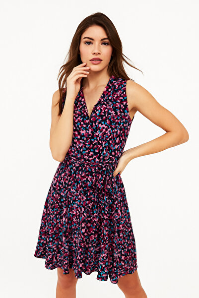 Rich Women's Patterned Double Breasted Collar Dress – Tie Waist, Sleeveless