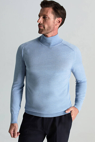 Hemington Gök Mavisi Boğazlı Slim Fit Merino Yün Triko