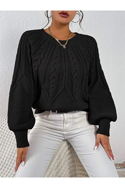 TRQOM Pulover negru din tricotaje - păr împletit, decolteu, mânecă italiană