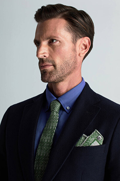 Hemington Çizgi Desenli İpek Karışım Gri-Yeşil Örgü Mendil