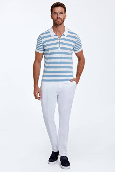 Hemington Fermuar Detaylı Mavi Çizgili Saf Pamuk Triko Polo