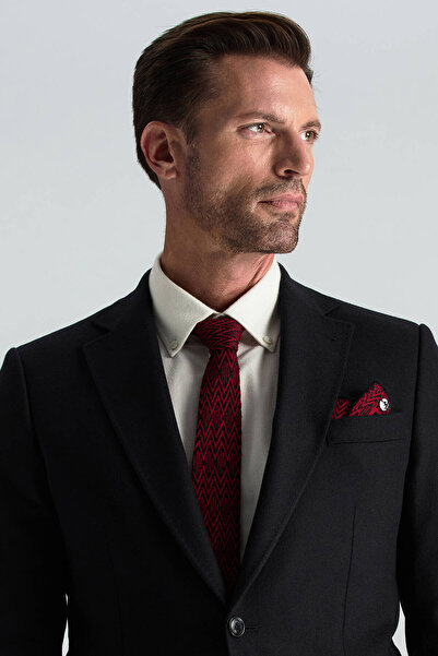 Hemington Çizgi Desenli İpek Karışım Siyah-Kırmızı Örgü Mendil