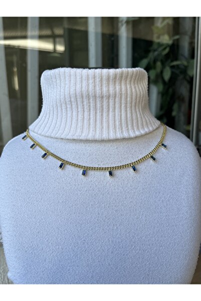 TUĞÇE TURAP 14K Çelik Zincir Kolye Dikdörtgen Taş Detaylı (Mavi veya Siyah Taş Renk Seçenekli)