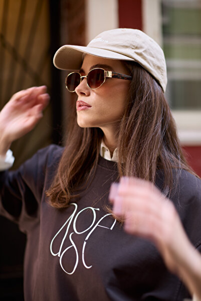 Amia&Co. Битър Кофи Принт Детайлна велосипедна яка Оверсайз суитшърт