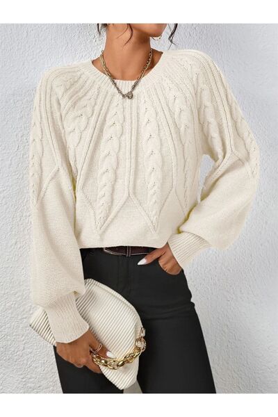 TRQOM Pulover alb din tricotaje - păr împletit, decolteu, mânecă italiană