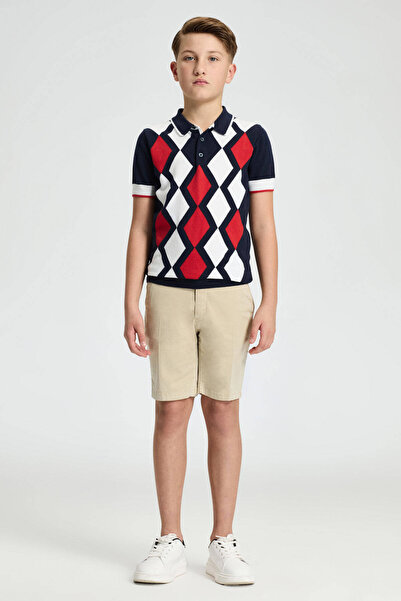 Hemington Navy Blue Red Diamond Pattern Children's Knitwear Polo