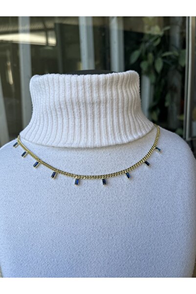 TUĞÇE TURAP 14K Çelik Zincir Kolye Dikdörtgen Taş Detaylı (Mavi veya Siyah Taş Renk Seçenekli)