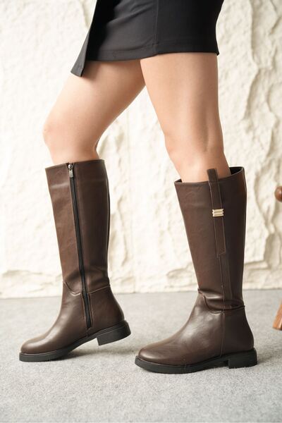 MODAADAM Women's Gail Flat Bottom Buckle Boots - Brown-Leather