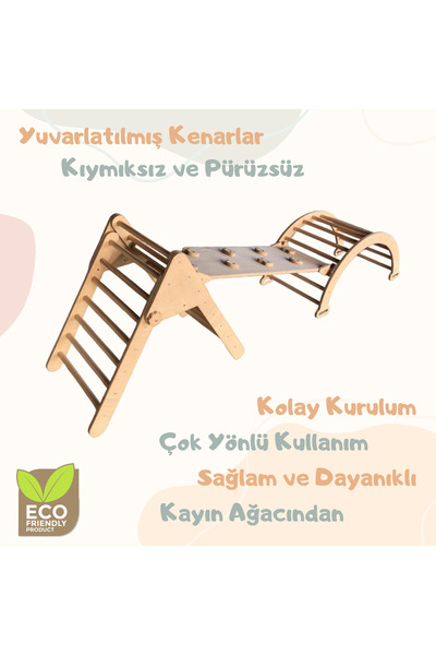 MinoMou Minderli Üçlü Pikler Seti | Pikler Üçgeni ve Halkası, Rampa & Kaydırak