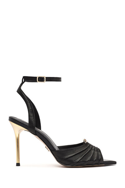 Derimod Women's Black Ankle Strap Leather High Thin Heeled Sandals 25Sfe494718