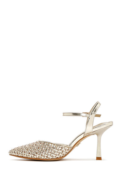 Derimod Γυναικεία χρυσά παπούτσια με λεπτό τακούνι με πλεκτή αγκράφα 25SFE493214