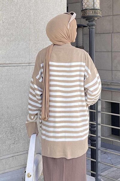 lamelif Μακρύ πουλόβερ με ρίγες καφέ με γάλα