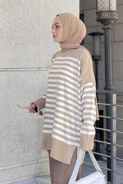 lamelif Μακρύ πουλόβερ με ρίγες καφέ με γάλα