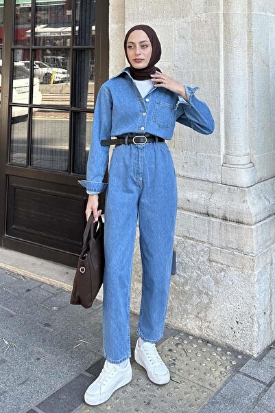 lamelif بذلة جينز بجيب واحد باللون الأزرق