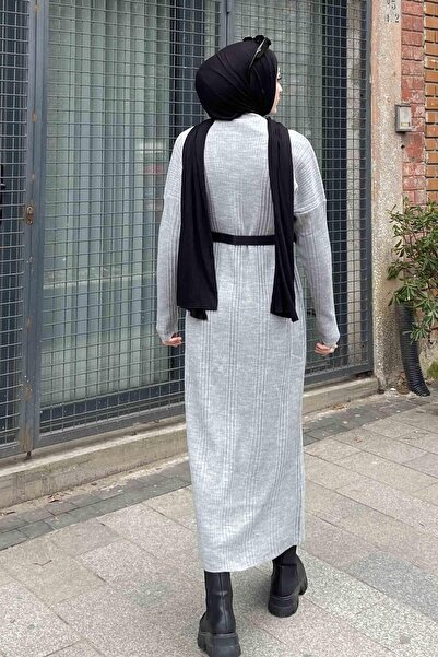 lamelif Μακρύ φόρεμα με γκρι κορδόνι