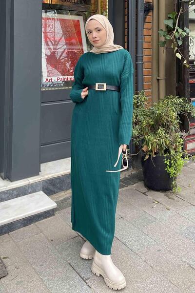 lamelif Μακρύ φόρεμα με κορδόνια σμαραγδί πράσινο