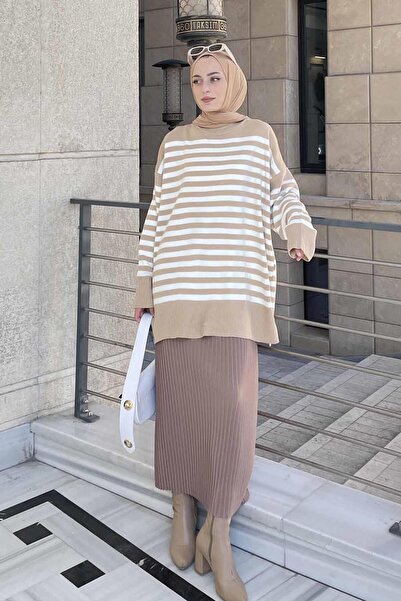 lamelif Μακρύ πουλόβερ με ρίγες καφέ με γάλα